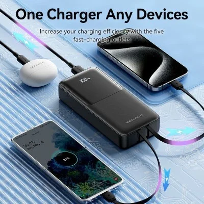 Vention Power Bank 20000mAh (Micro-USB + USB-C + USB-A + USB-A) with Built-in USB-C and Lightning Cables 22.5W _ black